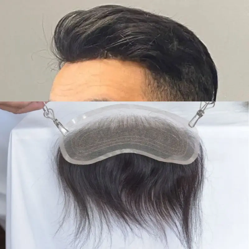 Pwigs 4X18cm Men Lace V Style Frontal Hairline 100% Human Remy Hair Toupee Swiss Lace Man Hairpieces Bleached Knots Hairline 1B