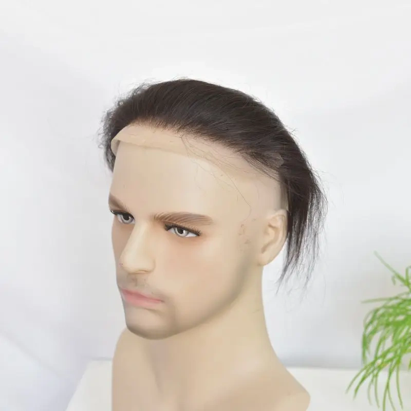 Pwigs 4X18cm Men Lace V Style Frontal Hairline 100% Human Remy Hair Toupee Swiss Lace Man Hairpieces Bleached Knots Hairline 1B