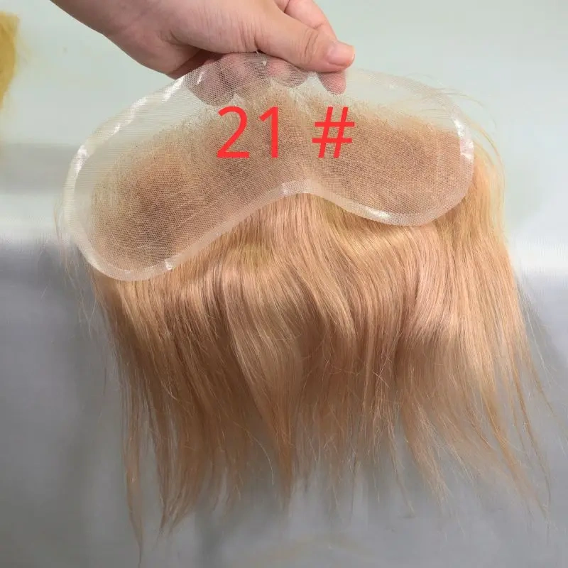 Pwigs 4X18cm Men Lace V Style Frontal Hairline 100% Human Remy Hair Toupee Swiss Lace Man Hairpieces Bleached Knots Hairline 1B