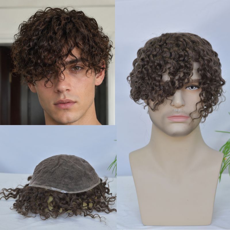 Loose Curly Afro Men Toupee Brown Color #4 Human Hair Wigs Replacement Full Swiss Lace Toupee Hair Piece For Black Men's wig 10X8inch