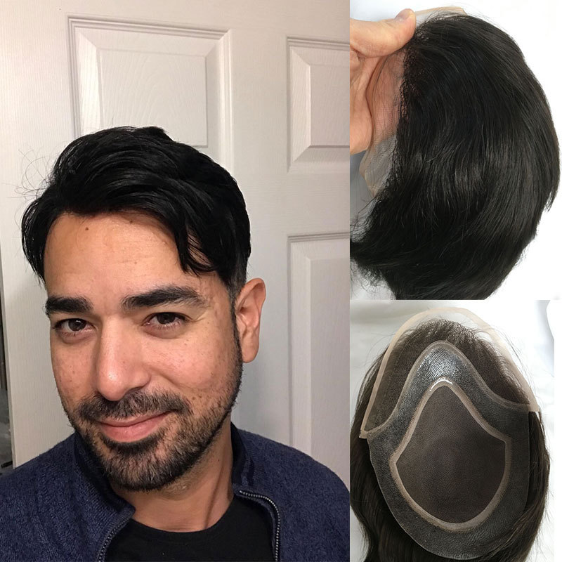 In Stock Toupee For Men Human Hair Men's Wigs Best Mono Lace With PU Toupee 8x10inch Straight Wavy Replacement Men Wig