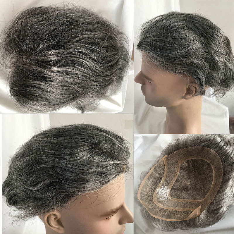 In Stock Toupee For Men Human Hair Men's Wigs Best Mono Lace With PU Toupee 8x10inch Straight Wavy Replacement Men Wig