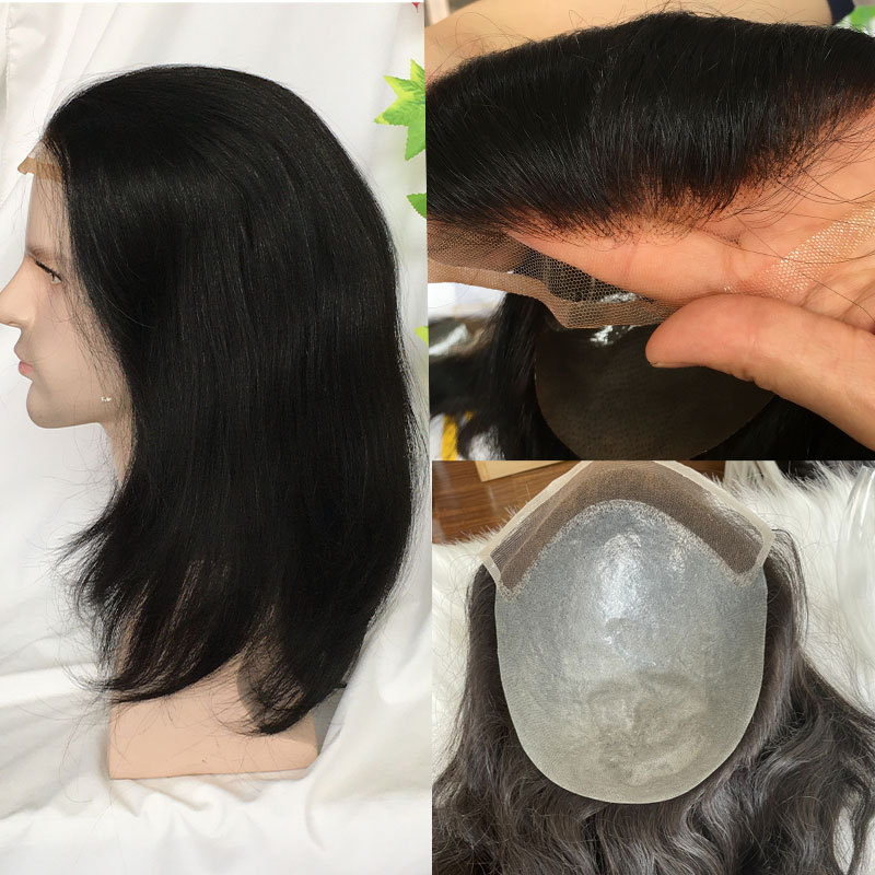 14inch Swiss Lace Front For Touppe Human Hair Women's Wigs Hair Pieces Toupee For Men 8x10 Hair Toppers Replacement 1B Color