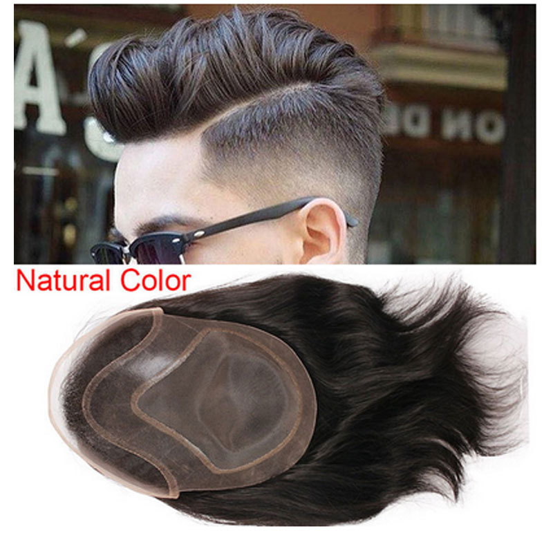 In Stock Toupee For Men Human Hair Men's Wigs Best Mono Lace With PU Toupee 8x10inch Straight Wavy Replacement Men Wig