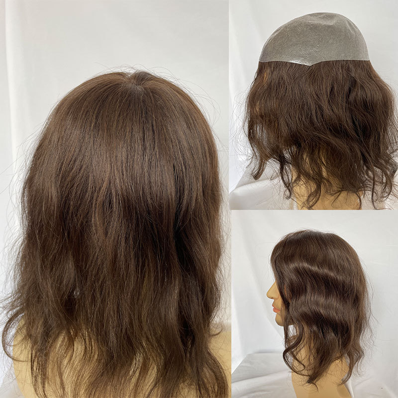 Long Toupee For Men Wigs Human Hair Thin Skin Base Pu Replacement System Remy Hair Pieces Women Toppers 12inch 8x10 Full Pu Toupee Brown 3# Color