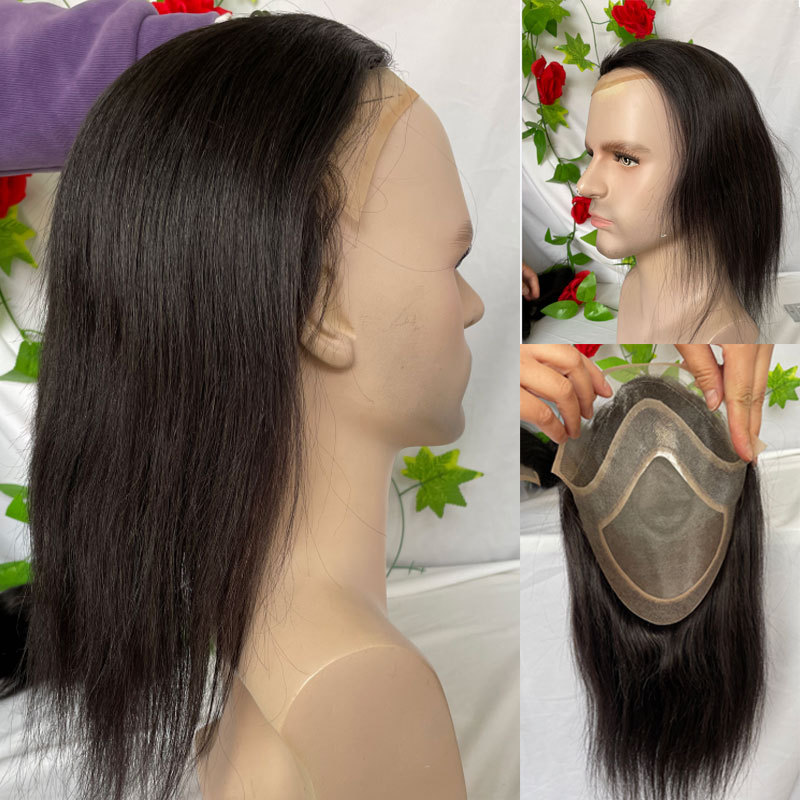 Kinky Straight 12 Inch Long Human Hair Toupee for Men 10”x8” Hairpieces 100% Human Hair Men’s Toupee Mono Net with PU around Natural Color