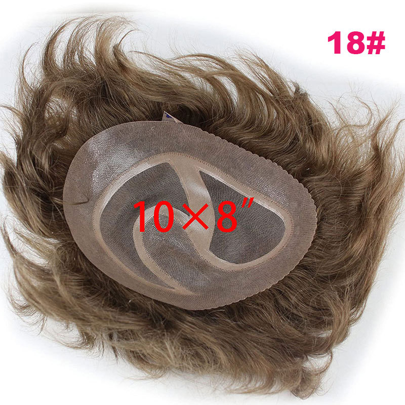 In Stock Toupee For Men Human Hair Men's Wigs Best Mono Lace With PU Toupee 8x10inch Straight Wavy Replacement Men Wig