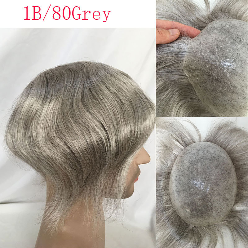 Men's Toupee Color 1B Human Hair with 80% Grey Synthetic Grey Hair Wig For Men Super Thin Skin Hair Replacement Whole PU Around