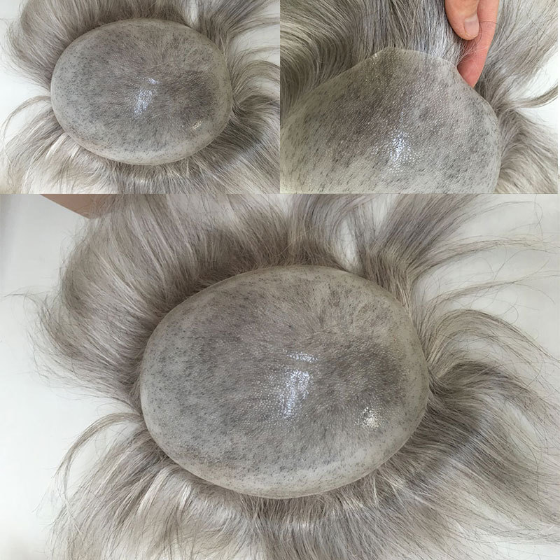 Men's Toupee Color 1B Human Hair with 80% Grey Synthetic Grey Hair Wig For Men Super Thin Skin Hair Replacement Whole PU Around