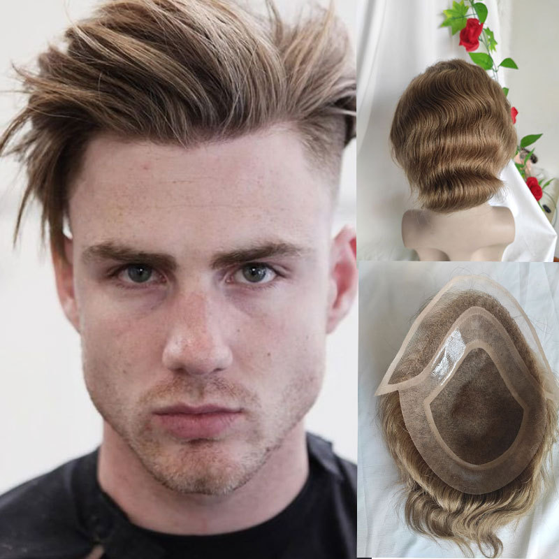 In Stock Toupee For Men Human Hair Men's Wigs Best Mono Lace With PU Toupee 8x10inch Straight Wavy Replacement Men Wig