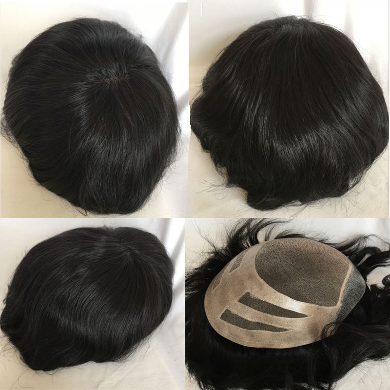 In Stock Toupee For Men Human Hair Men's Wigs Best Mono Lace With PU Toupee 8x10inch Straight Wavy Replacement Men Wig