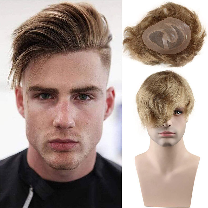 In Stock Toupee For Men Human Hair Men's Wigs Best Mono Lace With PU Toupee 8x10inch Straight Wavy Replacement Men Wig