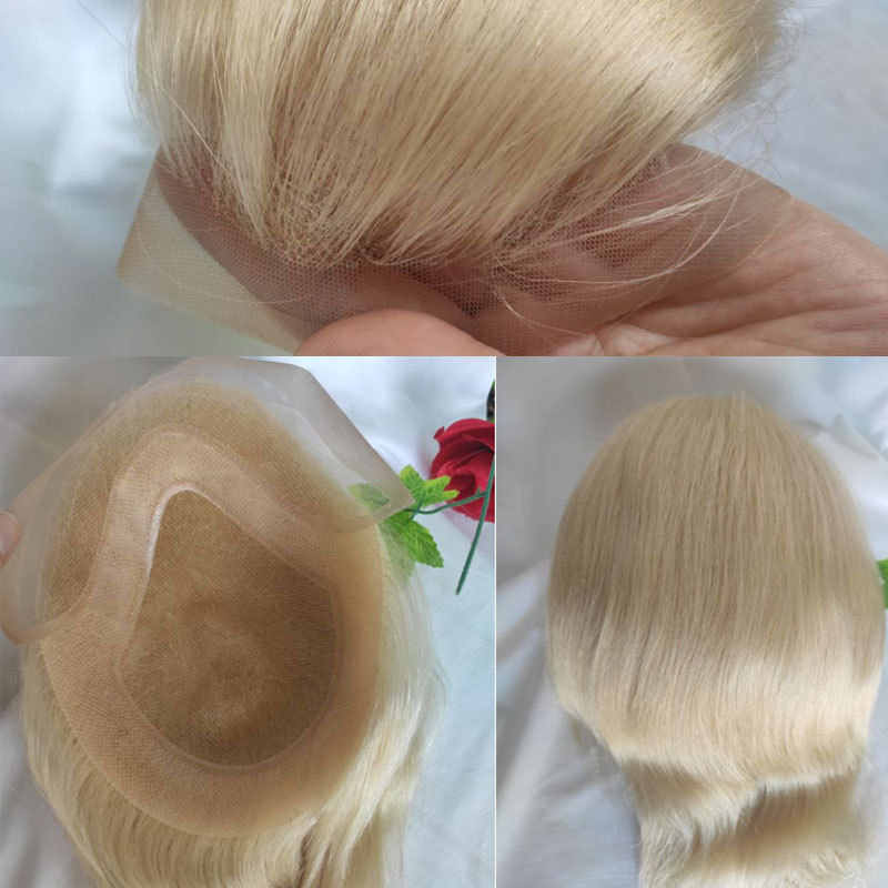Voloria Toupee Hair System For Men French Lace Front Q6 Toupee Hair Men 8x10 Straight Human Hair Replacement System Toupee Wigs Blonde Color