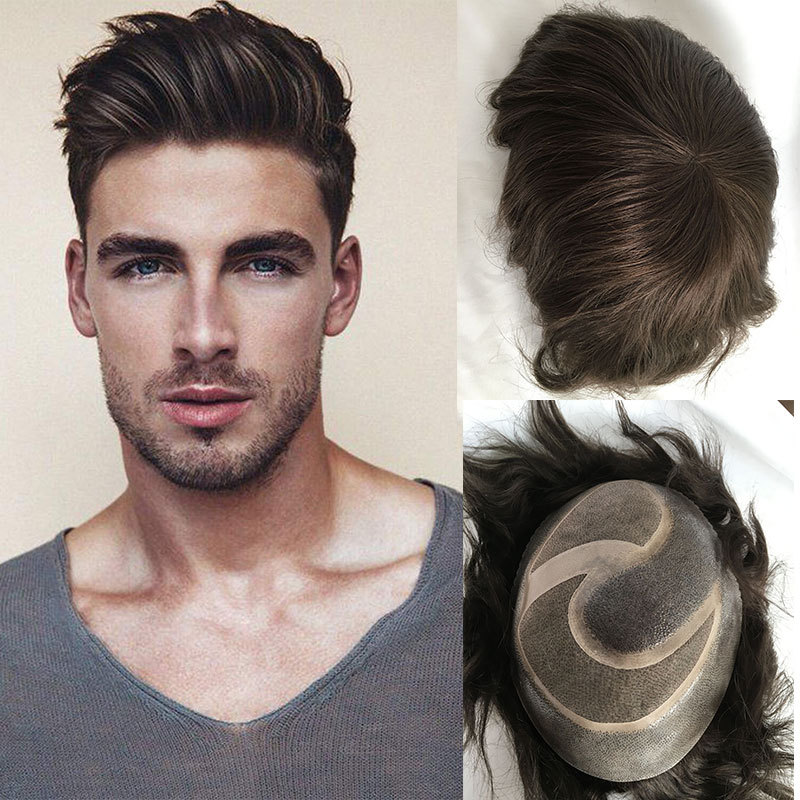 In Stock Toupee For Men Human Hair Men's Wigs Best Mono Lace With PU Toupee 8x10inch Straight Wavy Replacement Men Wig