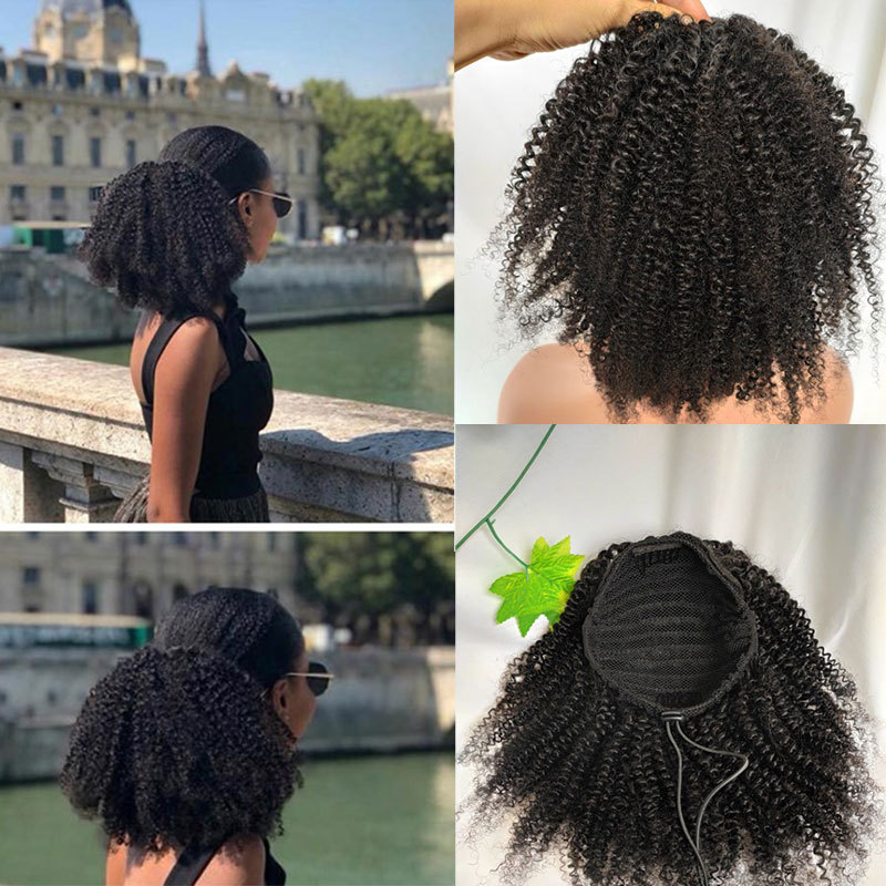 Human Hair Ponytail Afro Kinky Curly For Women Natural Color Remy Hair 1 Piece Clip In Drawstring 4B 4C Ponytails Hair Extension