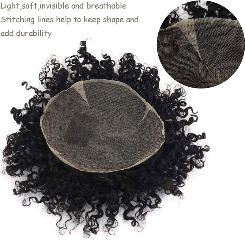 Toupee for Men 100% Human Hair Replacement System Hairpieces Soft Thin Super Full Swiss Lace Toupee 10”x8” Base Small Curly Natural Black Color