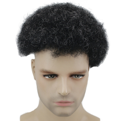 Afro Curly Human Hair Men's Toupee with 1B Mixed 10% Grey Hair Size 10x8 Thin Skin Hairpiece Hair Replacement System