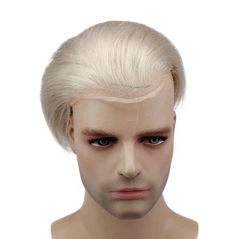 Human Hair Men Hairpiece 10"x8" Fine Mono Top With PU around Single Knotted and Lace Front Toupee #613 Blonde Color Replacemen System Wigs