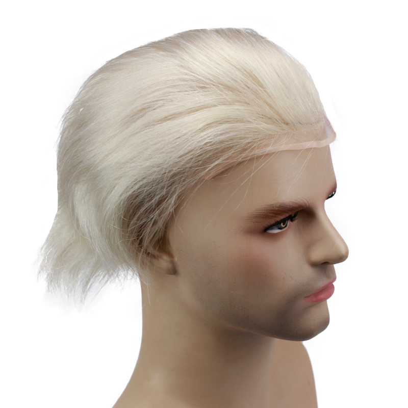 Human Hair Men Hairpiece 10"x8" Fine Mono Top With PU around Single Knotted and Lace Front Toupee #613 Blonde Color Replacemen System Wigs