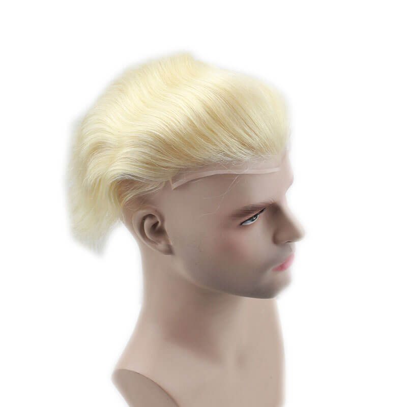 Human Hair Men Hairpiece 10"x8" Fine Mono Top With PU around Single Knotted and Lace Front Toupee #613 Blonde Color Replacemen System Wigs