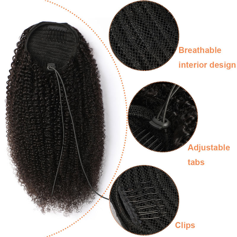 Human Hair Ponytail Afro Kinky Curly For Women Natural Color Remy Hair 1 Piece Clip In Drawstring 4B 4C Ponytails Hair Extension