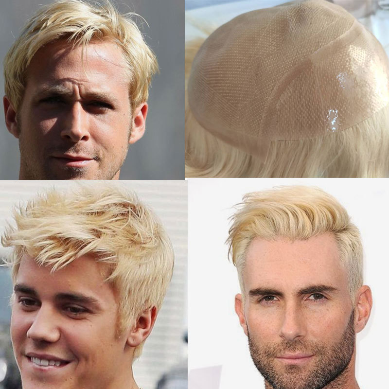 Voloria Toupee Hair System For Men French Lace Front Q6 Toupee Hair Men 8x10 Straight Human Hair Replacement System Toupee Wigs Blonde Color
