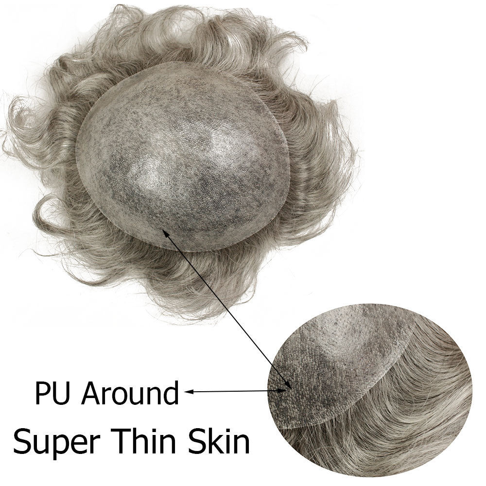 Men's Toupee Color 1B Human Hair with 80% Grey Synthetic Grey Hair Wig For Men Super Thin Skin Hair Replacement Whole PU Around