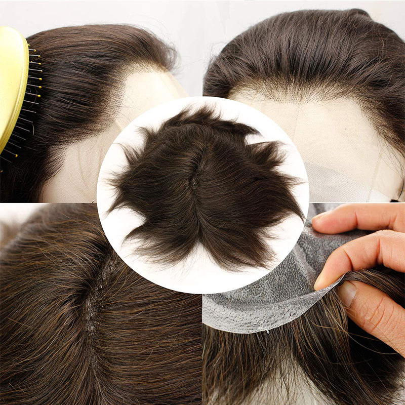 European Virgin human Hairpiece for Men’s Toupee Ultra Transparent Thin Skin PU Replacement Hair Pieces 10”x8” Base Size #4 Brown Color