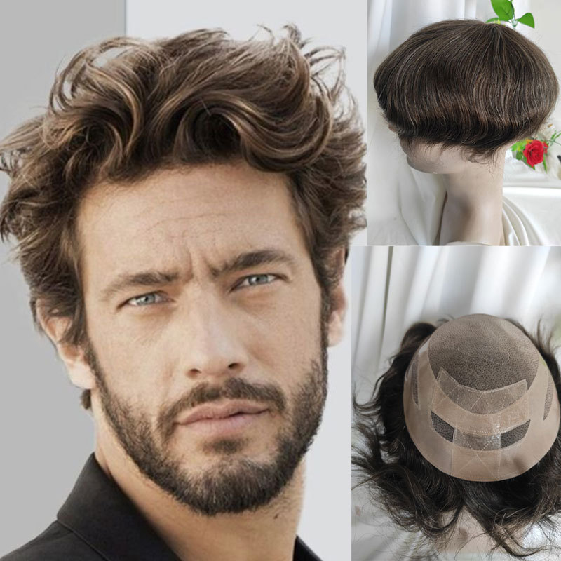 In Stock Toupee For Men Human Hair Men's Wigs Best Mono Lace With PU Toupee 8x10inch Straight Wavy Replacement Men Wig