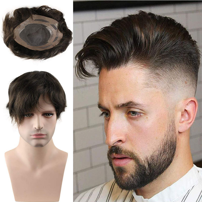 In Stock Toupee For Men Human Hair Men's Wigs Best Mono Lace With PU Toupee 8x10inch Straight Wavy Replacement Men Wig
