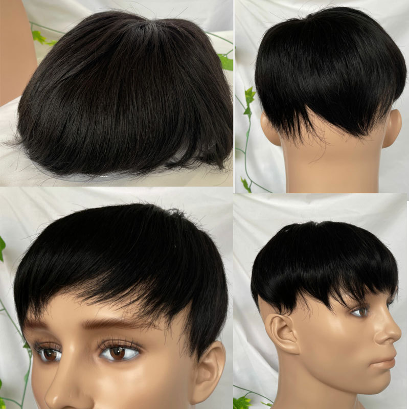 Cut About 3inch Silk Base Toupee For Men Hair Piece Toupee 130%Density Men Wigs Human Hair Toupee Silk Base Clip 1B