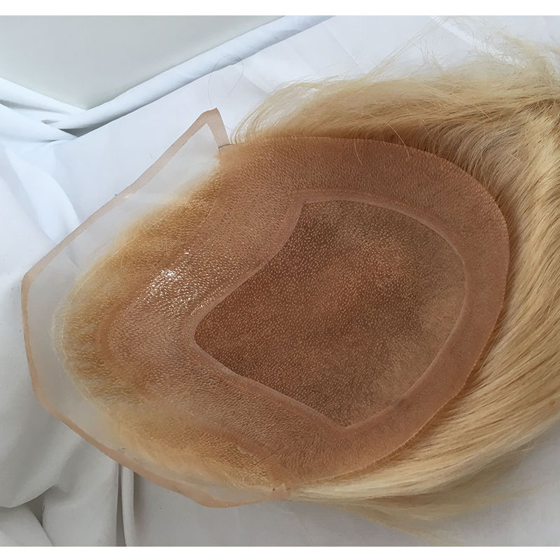 Human Hair Men Hairpiece 10"x8" Fine Mono Top With PU around Single Knotted and Lace Front Toupee #613 Blonde Color Replacemen System Wigs