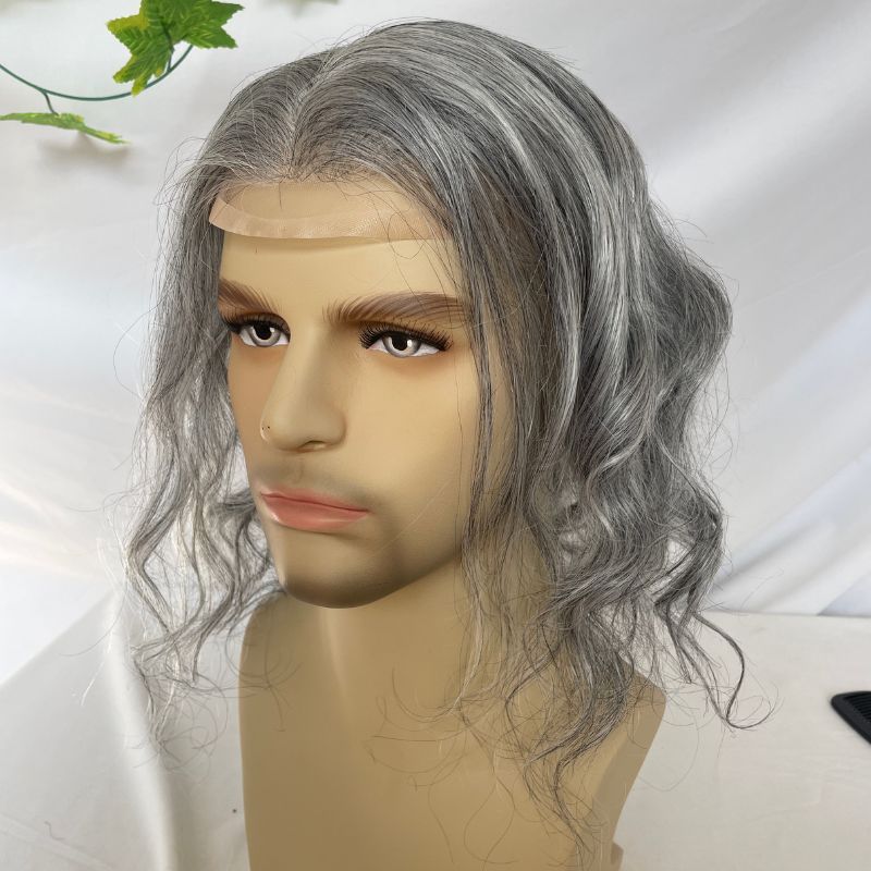Toupee for Men Mono Base with PU Lace Front European Human Hair System 1B80 Gray Hair (20% Natural Human Hair with 80% Synthetic Grey Hair) 10x8 Inch Cap Base Size