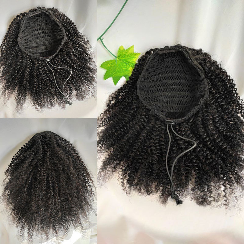 Human Hair Ponytail Afro Kinky Curly For Women Natural Color Remy Hair 1 Piece Clip In Drawstring 4B 4C Ponytails Hair Extension
