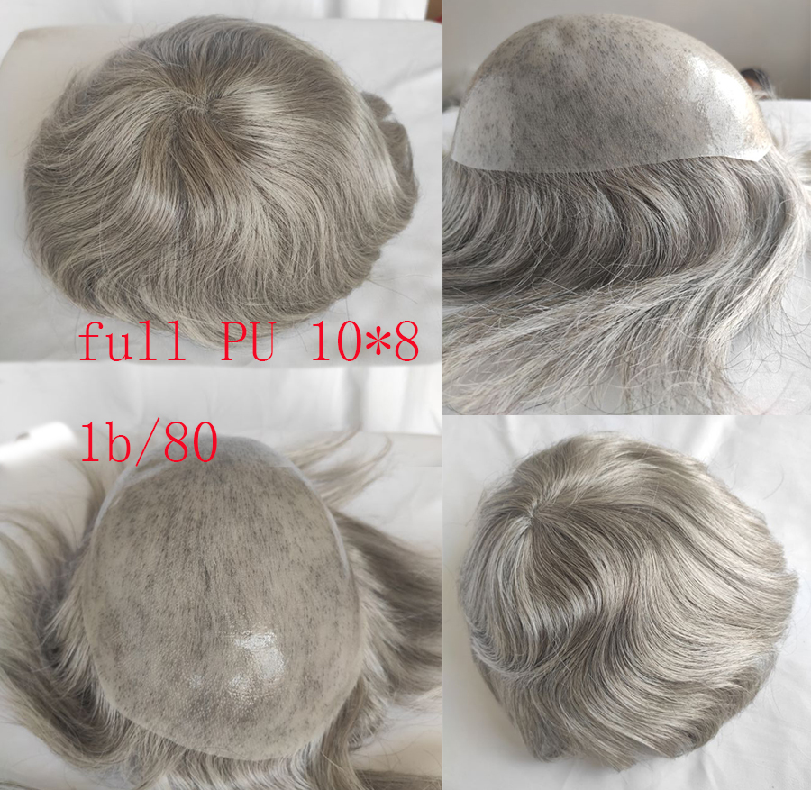 Men's Toupee Color 1B Human Hair with 80% Grey Synthetic Grey Hair Wig For Men Super Thin Skin Hair Replacement Whole PU Around
