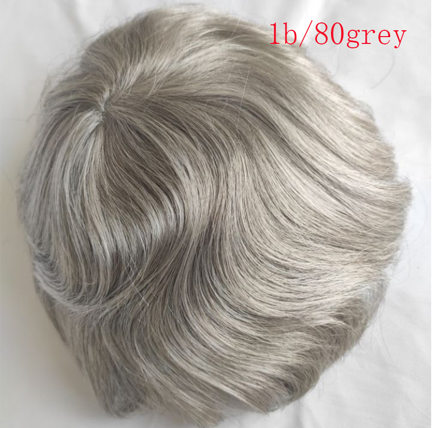 Men's Toupee Color 1B Human Hair with 80% Grey Synthetic Grey Hair Wig For Men Super Thin Skin Hair Replacement Whole PU Around