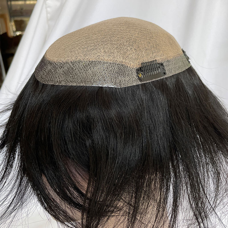 Cut About 3inch Silk Base Toupee For Men Hair Piece Toupee 130%Density Men Wigs Human Hair Toupee Silk Base Clip 1B