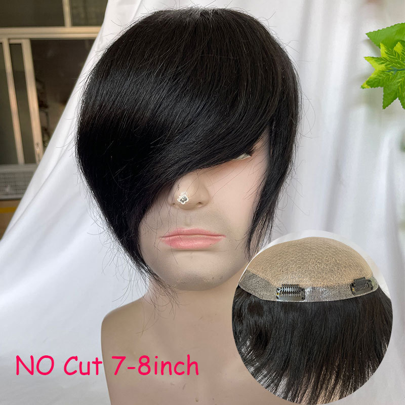 Cut About 3inch Silk Base Toupee For Men Hair Piece Toupee 130%Density Men Wigs Human Hair Toupee Silk Base Clip 1B