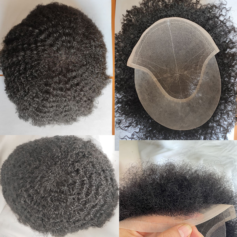 Men Hair Piece Afro Toupee For Men Afro Curl Hair Pieces For Men Afro Kinky Curly Human Hair Replacement System For Men Full PU Toupee