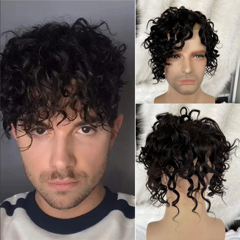 Full French Lace Mens Toupee Loose Wave European Human Hair Replacement Systems for Men Hairpiece 10x8inch 4# Brown Color