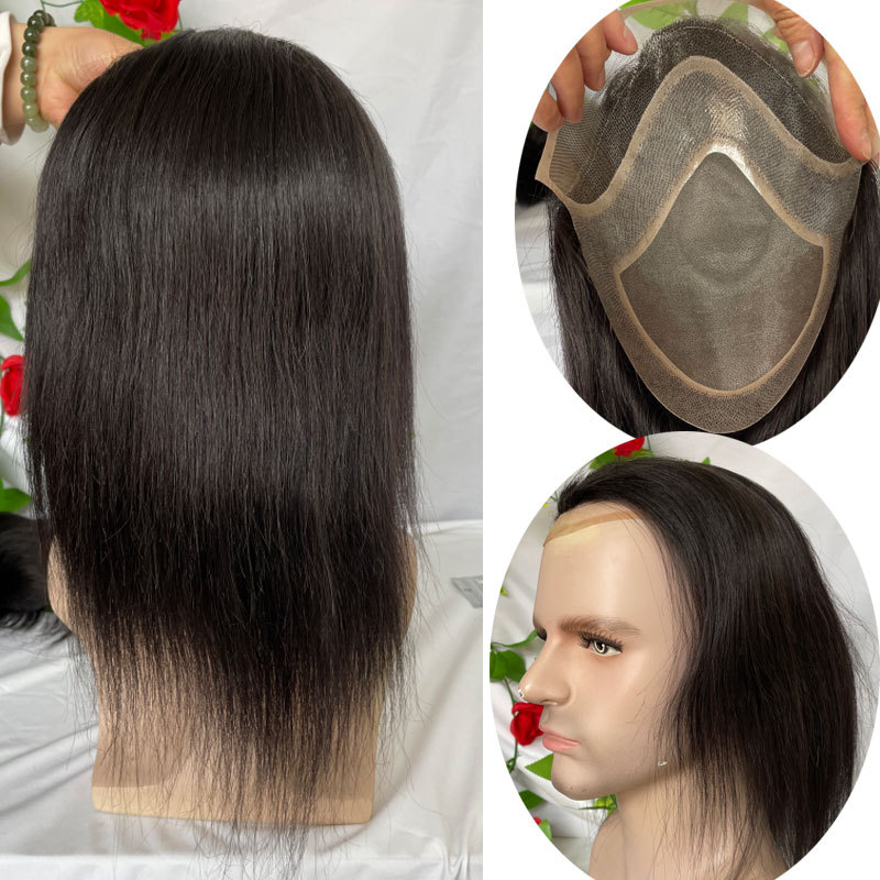 Long Hair Men's Toupee 12inch 100% Virgin Human Hair Toupee Replacement Systems For Men Wigs 10"x8" Base Size Brown Ombre Ash Blonde Color