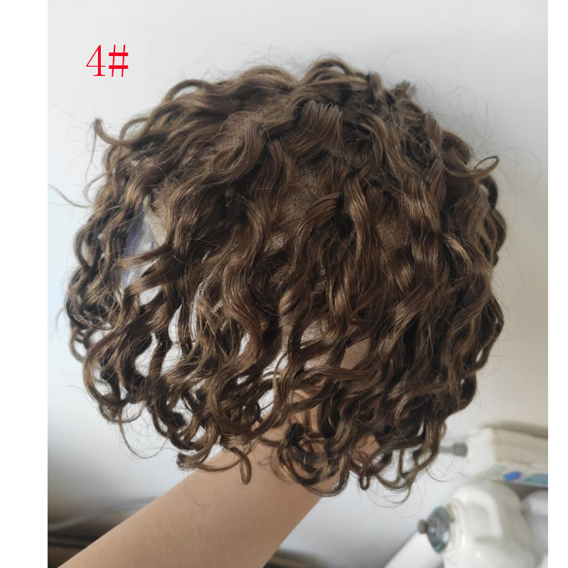 Full French Lace Mens Toupee Loose Wave European Human Hair Replacement Systems for Men Hairpiece 10x8inch 4# Brown Color