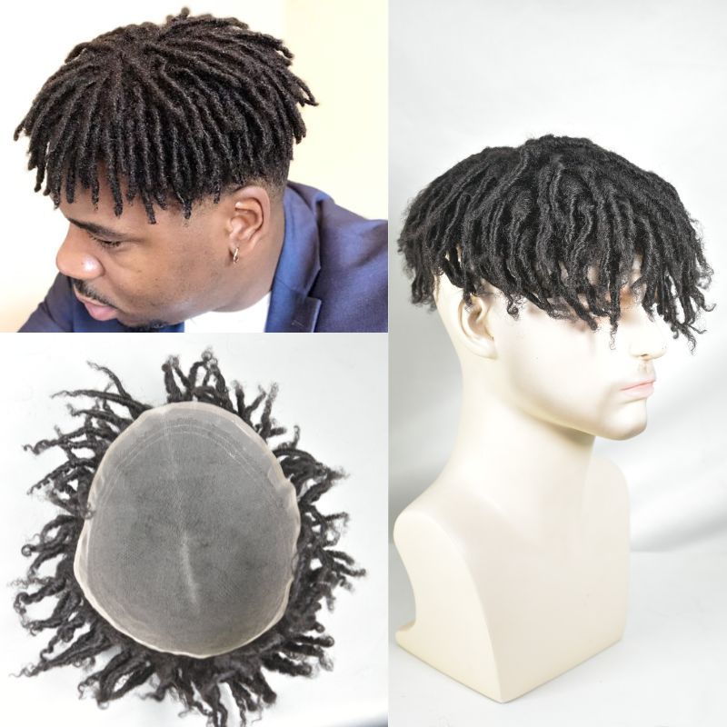 Afro Short Twist Toupee for Men Afro Curly  Men's Toupee Full Swiss Lace 100% Indian Human Hair 10x8 inch Hair System 130% Density Hair Replacement Natural Black