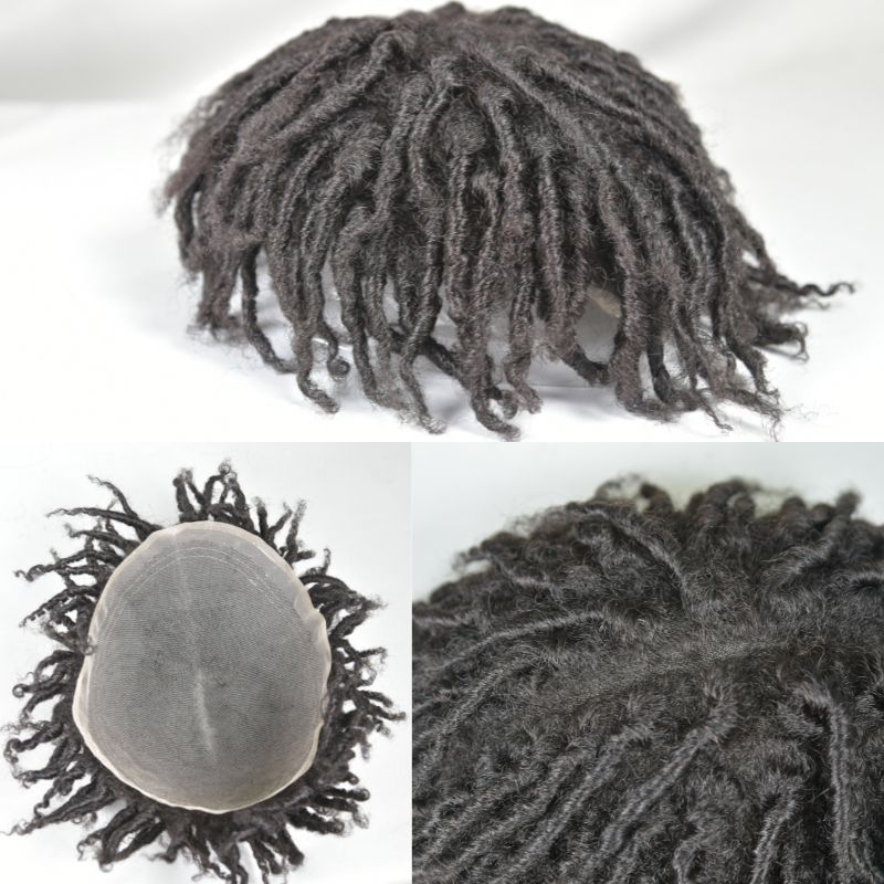 Afro Short Twist Toupee for Men Afro Curly  Men's Toupee Full Swiss Lace 100% Indian Human Hair 10x8 inch Hair System 130% Density Hair Replacement Natural Black