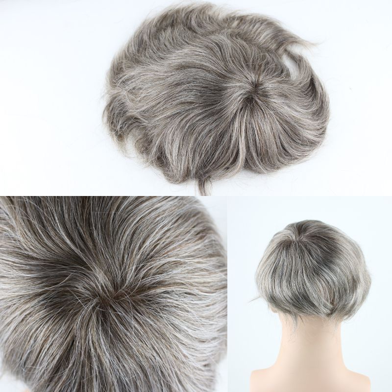Men's Toupee 640# 60% #6 Brown Human Hair Mixed with 40% Synthetic White Hair Toupee For Men Mono Lace with PU Hair System 10X8inch