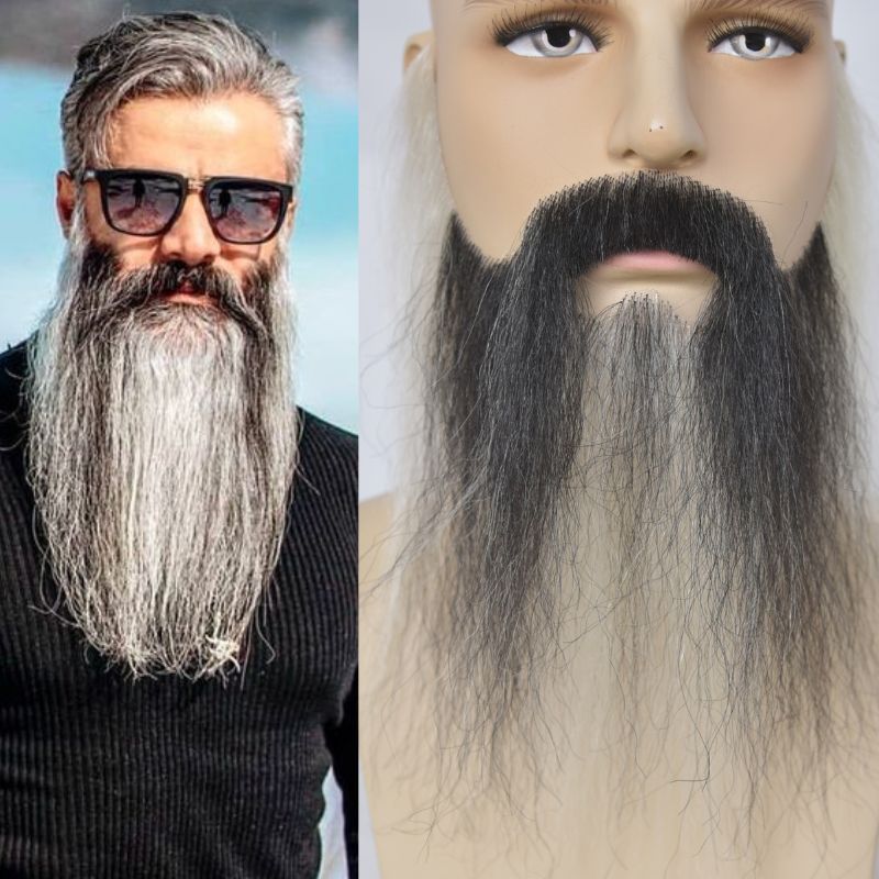 Long Face Fake Beard Black and White 100% Human Hair Face Beard Mustache For Men Fake Beard Swiss Lace Real Handmade Light Beard For Man Invisible Beard