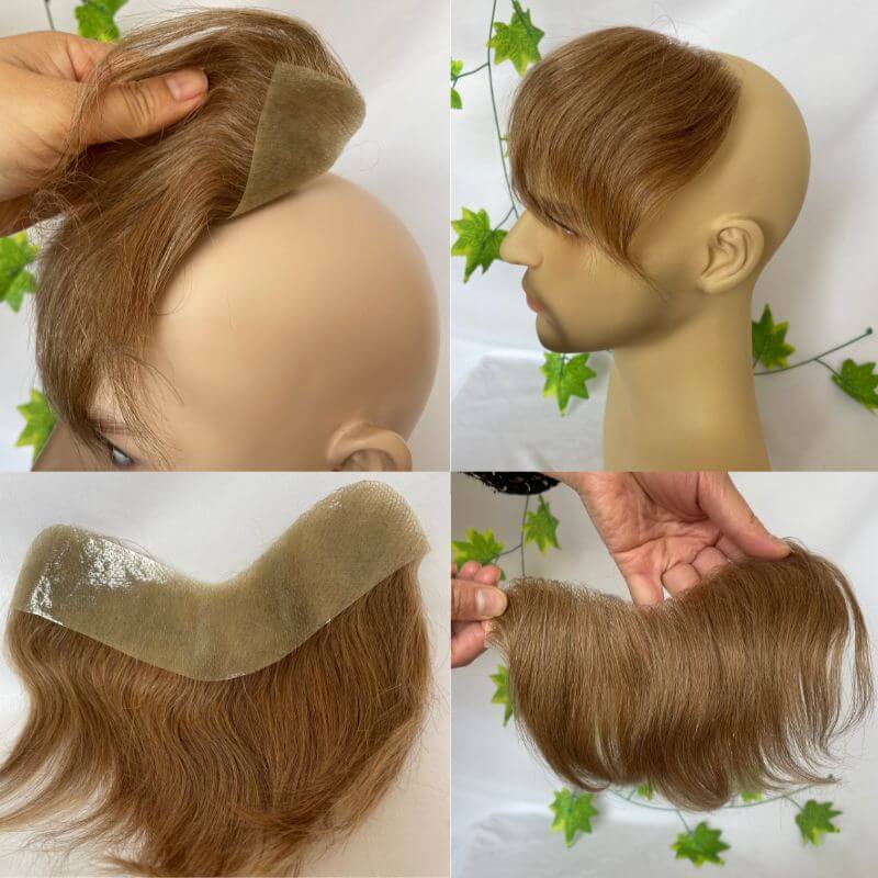 Men's Toupee 100%European Hair System V Shape Human Hairline Toupee For Men Replacement System V Frontal Toupee Thin Skin PU 6inch Light Brown 21 Color