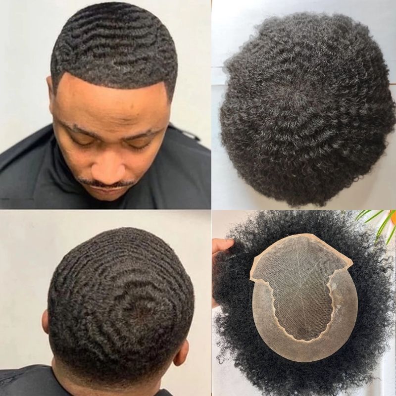 Q6 Men's Hair Afro Men's Toupee Wig 360 Wave Hairpiece 100% Human Hair Replacement Toupee for African American 10x8 Base Size1B Black Color
