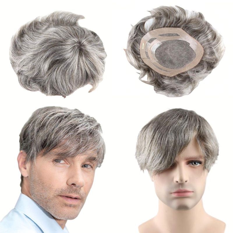 Men's Toupee 640# 60% #6 Brown Human Hair Mixed with 40% Synthetic White Hair Toupee For Men Mono Lace with PU Hair System 10X8inch