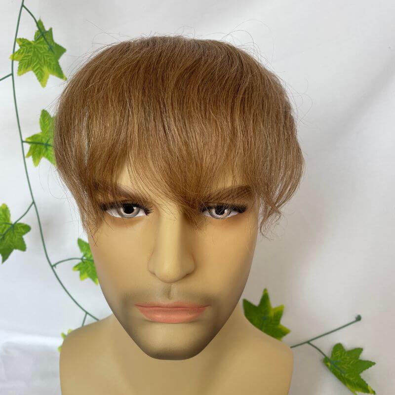 Men's Toupee 100%European Hair System V Shape Human Hairline Toupee For Men Replacement System V Frontal Toupee Thin Skin PU 6inch Light Brown 21 Color